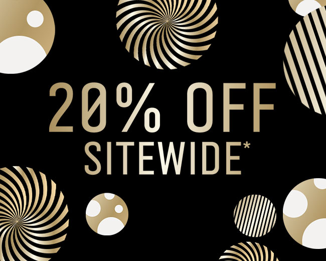 20% Off Sitewide on a black background with gold swirls